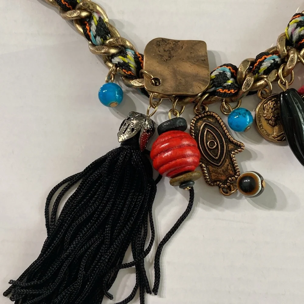 Mudd Braided Gold Tone Chain Love Peace Happiness Charm Necklace NWT